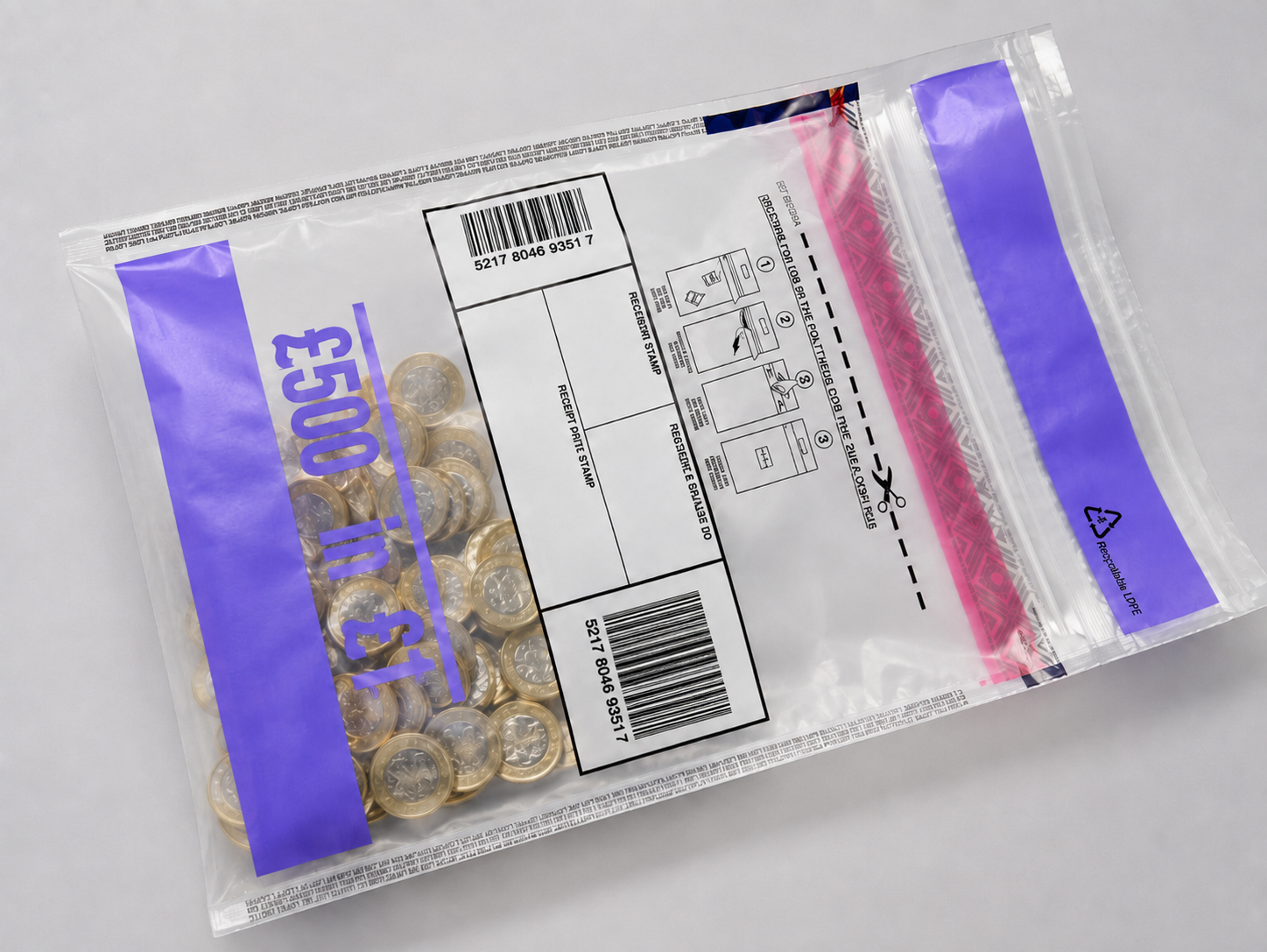 Tamper evident security bag printed £500 in £1 coins for secure coin transit