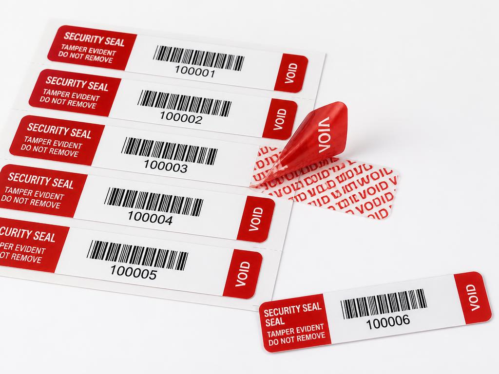 Tamper evident security seal labels with VOID pattern Numbered tamper evident security seal labels with barcodes and a peeled label showing the VOID pattern