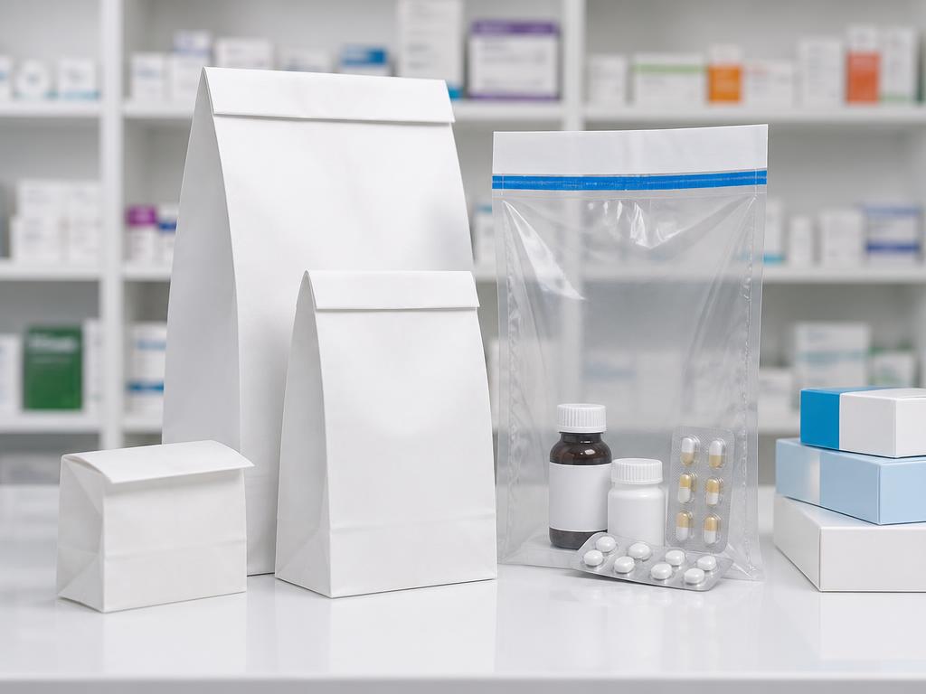Pharmacy dispensing bags and tamper evident medical bags White paper pharmacy dispensing bags and a clear tamper evident medical bag on a pharmacy counter