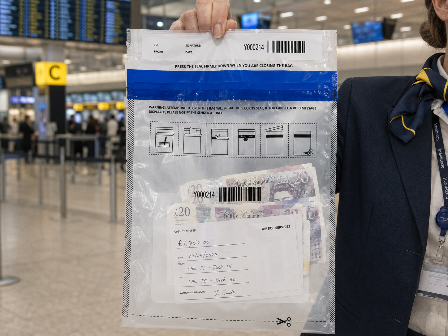 Cash security bag used for airline revenue handling Airline staff sealing bank notes into a clear tamper evident cash security bag at an airport counter