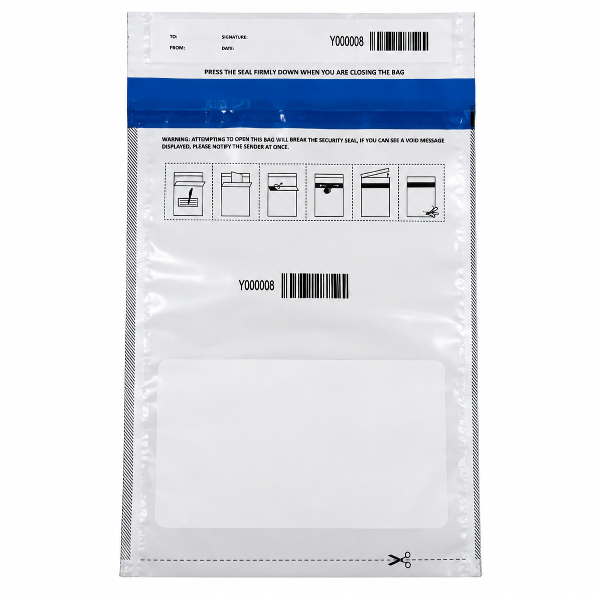 Custom printed tamper evident security bag Clear tamper evident security bag with barcode and void seal