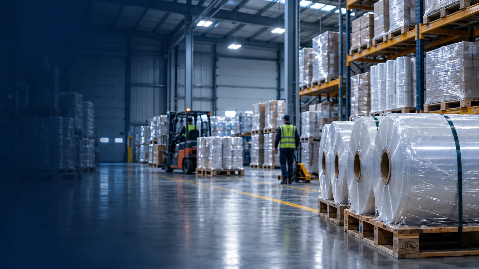 Industrial packaging warehouse with film rolls ready for production