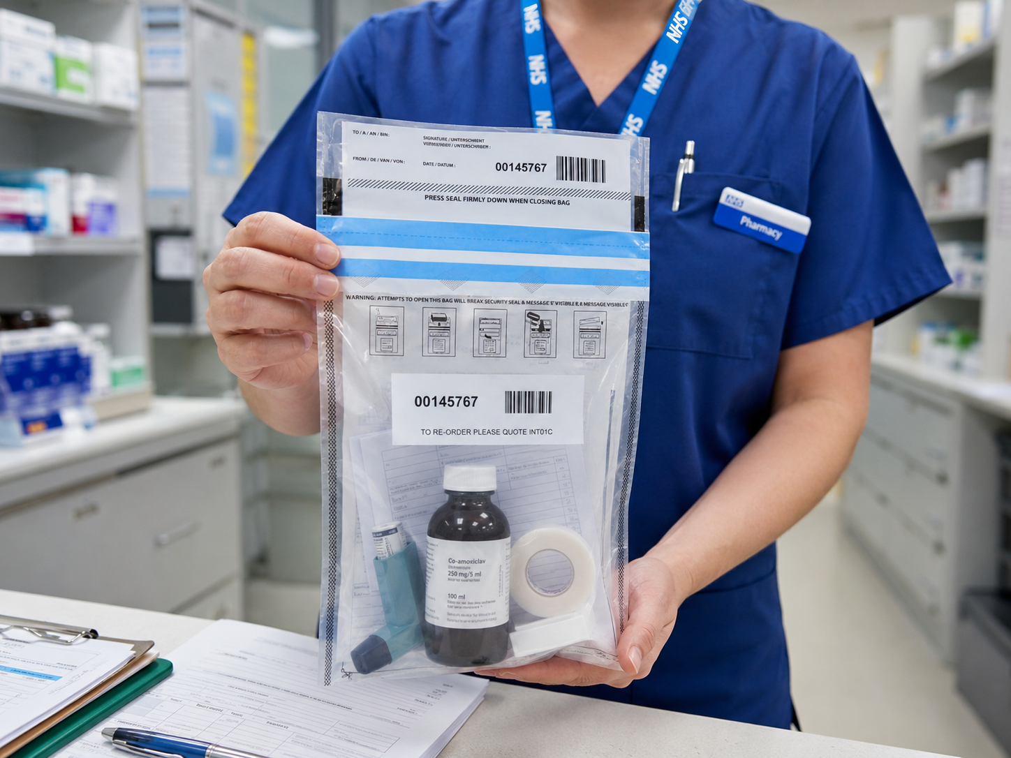 Clinician sealing medication into a tamper evident security bag in a hospital pharmacy