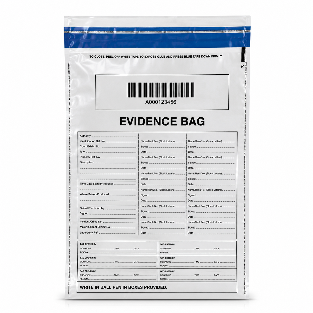 Tamper evident police evidence bag Police officer sealing a seized exhibit into a numbered tamper evident evidence bag