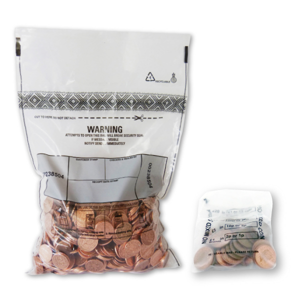 Large bulk money bag alongside a small self-seal coin bag for bank deposits