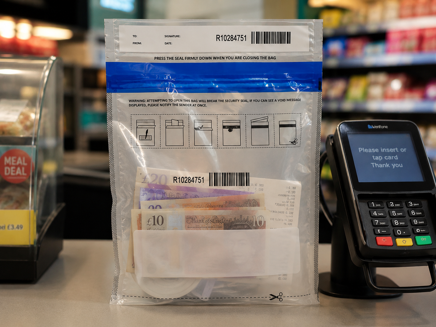 Tamper evident cash deposit bag for retail takings Tamper evident cash security bag filled with bank notes on a retail counter
